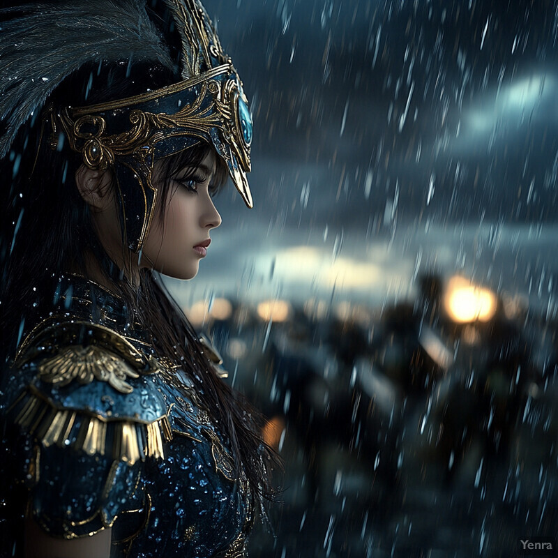 A woman in armor stands in front of a city skyline