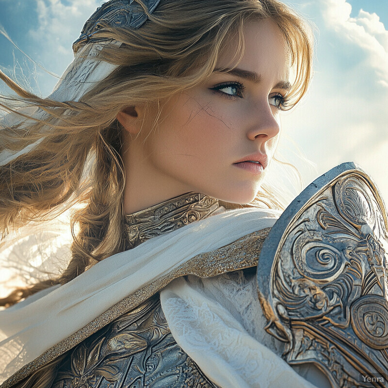 A woman in armor stands confidently in front of a mountainous landscape, exuding an air of strength and resilience.