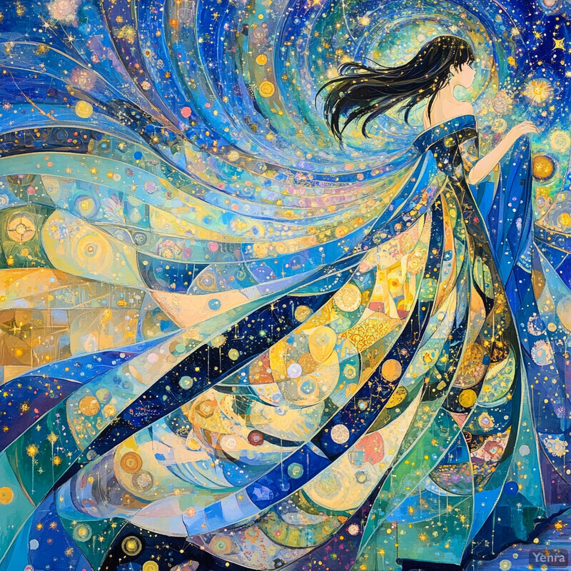 A serene and contemplative woman with long black hair and a flowing blue dress adorned with celestial patterns, set against a deep blue background evoking the night sky.