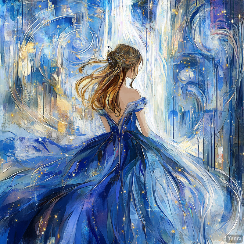 A serene landscape with a woman in a flowing blue dress