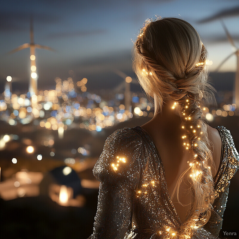 Woman with braided hair and sequined dress gazing at urban landscape