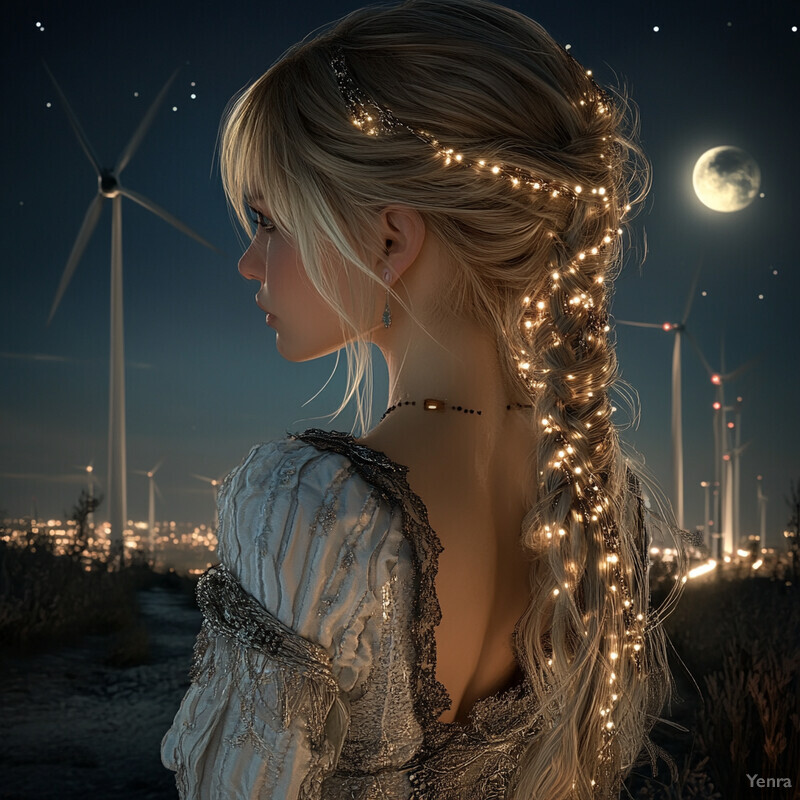 A woman with string-lit braid stands before wind turbines, exuding a sense of wonder.