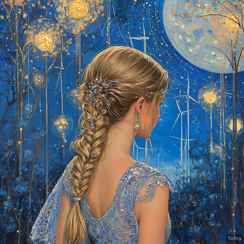 A woman with long blonde hair styled in a braid, set against a starry night sky with a large moon.