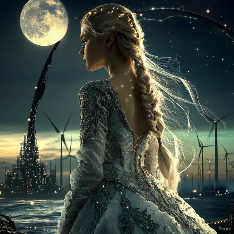 A woman gazes at an augmented moonlight in a serene and magical scene