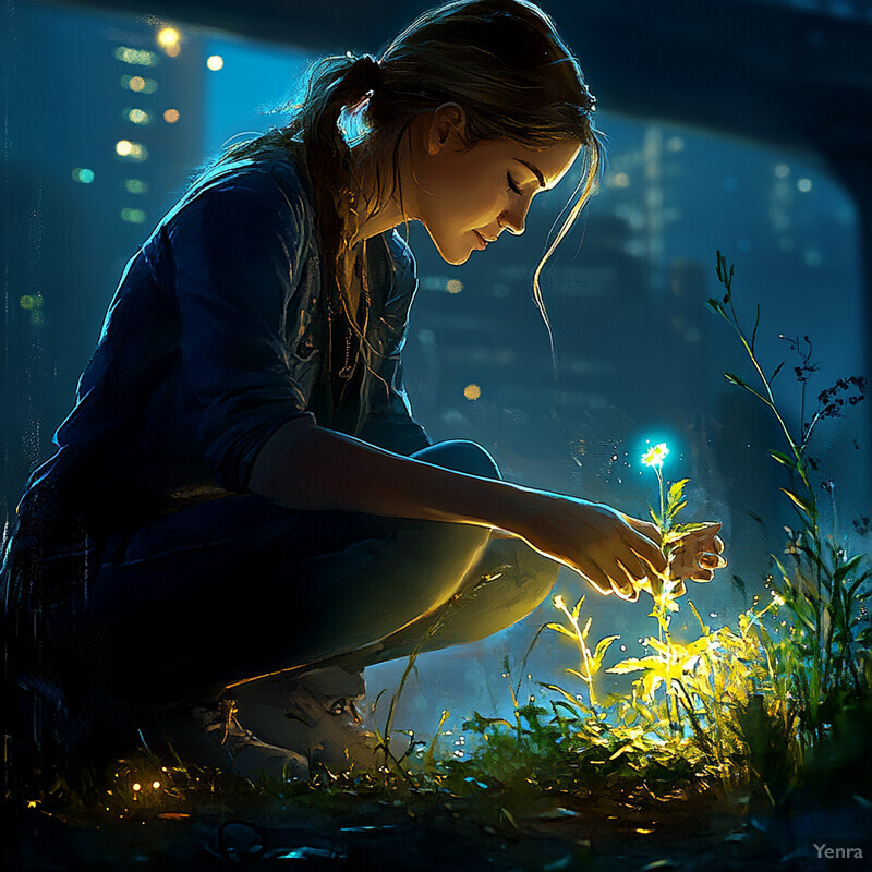 A woman kneels in a field of flowers at night, holding a bouquet of white roses.