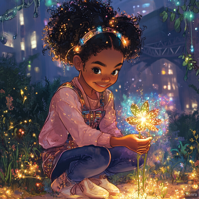 A young girl with dark skin and curly hair, adorned with glowing lights, holding a flower-shaped object emitting light in an urban setting at night.