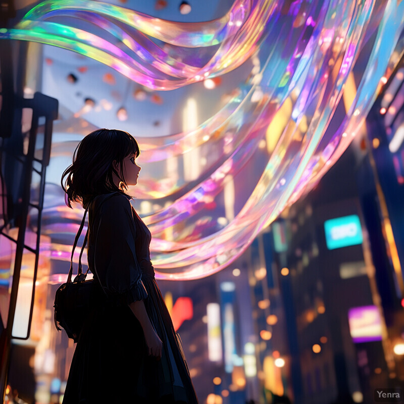 A young woman stands in front of a vibrant, iridescent background, evoking a dreamy atmosphere.