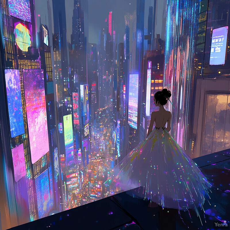 A woman in a white ball gown stands on a rooftop, gazing out at the city skyline.