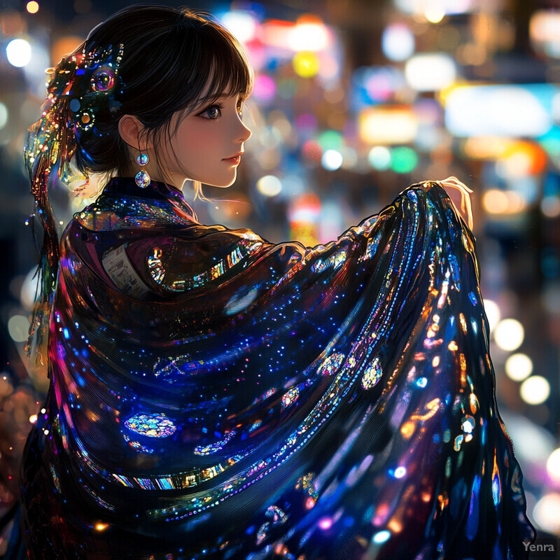 Woman in long-sleeved dress standing in front of a cityscape at night