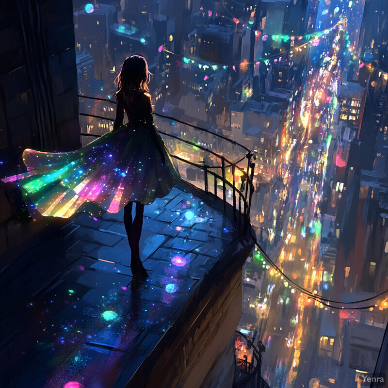 A woman stands on a rooftop, gazing out at a cityscape with a vibrant dress and dark hair.