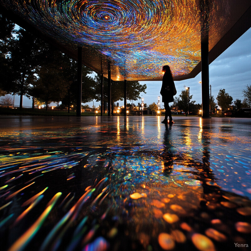 An art installation with a circular ceiling featuring vibrant lights and colors, part of the 'Cyber Rainlight' exhibition that explores technology and nature through immersive installations.