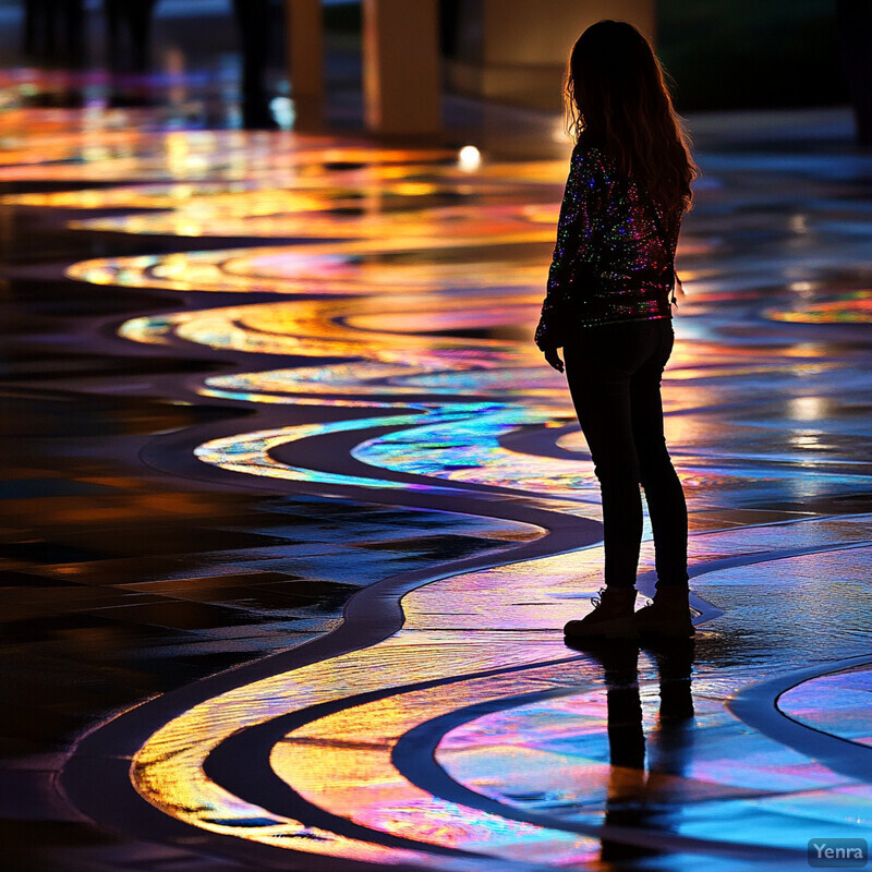 A woman stands on a sidewalk at night, surrounded by vibrant colors and patterns.