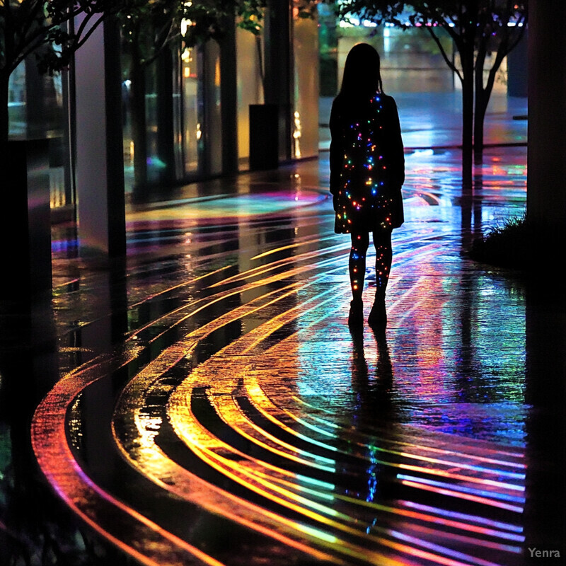 A woman walks down a wet street at night, illuminated by multicolored lights.