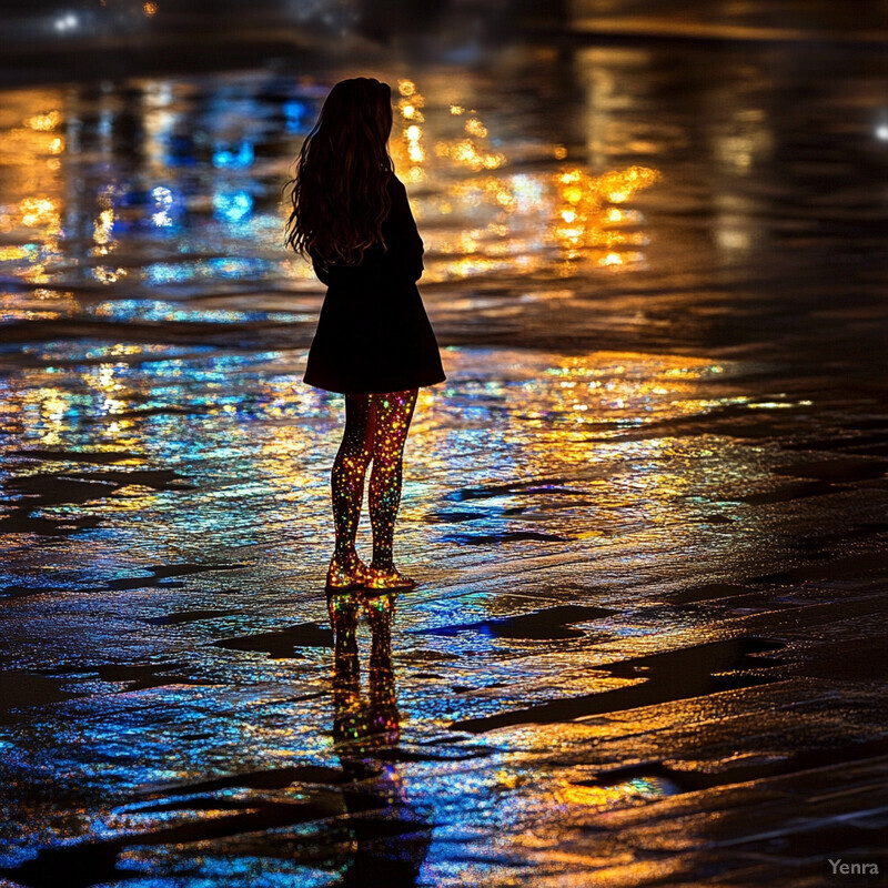 A woman stands on a beach at night, gazing out towards the water.