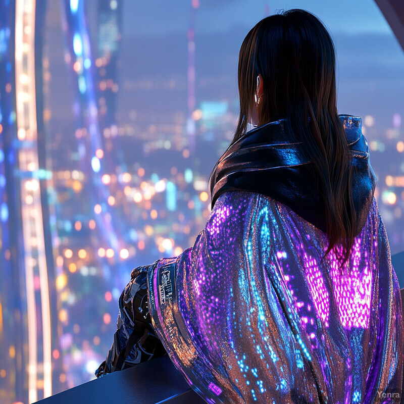 A woman gazes out at a cityscape from a high vantage point, dressed in a striking outfit with glowing purple designs.