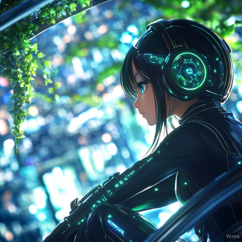 A young woman in futuristic attire stands in front of a window, reflecting her image and adding depth to the scene.