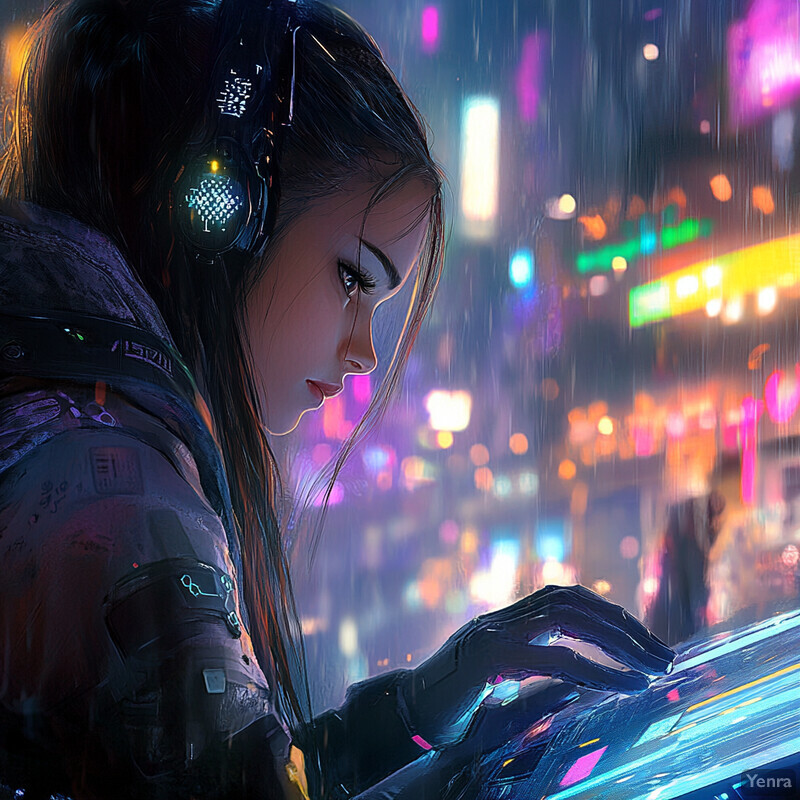 A young woman in a futuristic outfit, possibly related to technology or gaming.