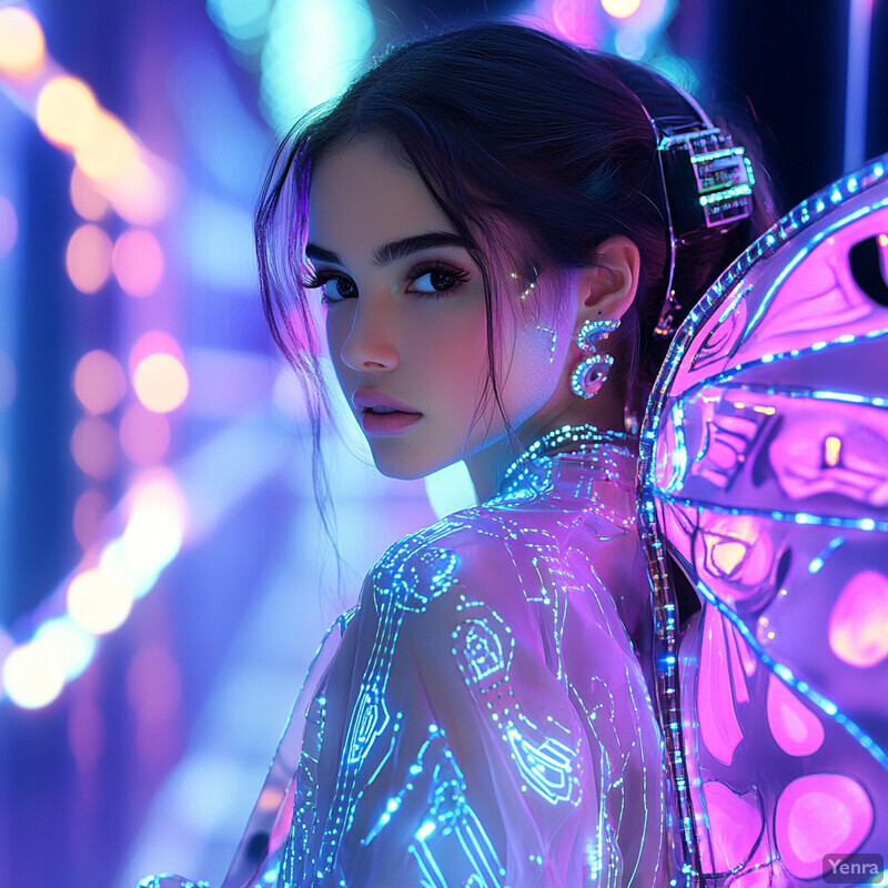 A futuristic woman with glowing blue eyes and circuitry-adorned attire stands in a blurred cityscape or laboratory.