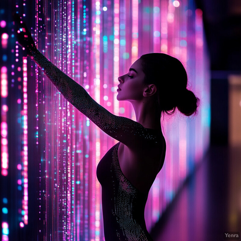 A woman stands confidently in front of an array of vibrant lights, her dress sparkling in the light.