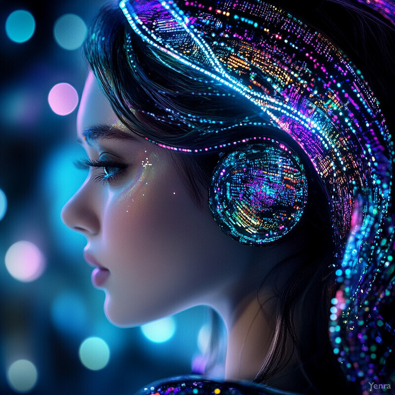 A woman with dark hair wearing headphones surrounded by a dynamic visual effect reminiscent of glitch art.