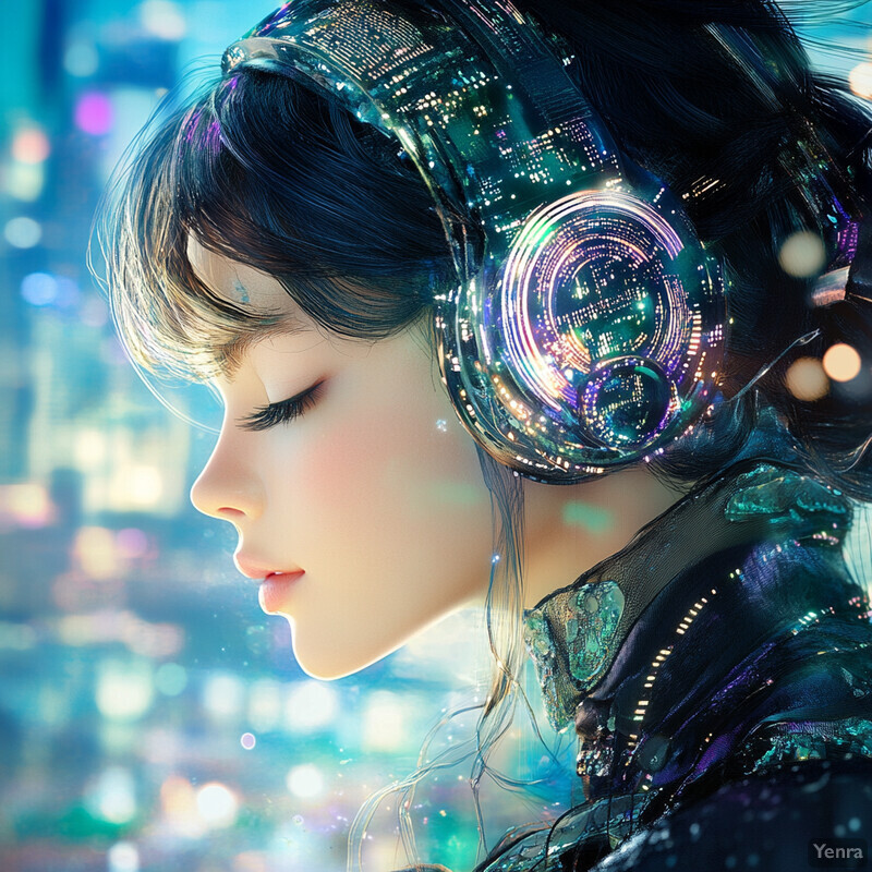 A serene urban scene featuring a woman with headphones