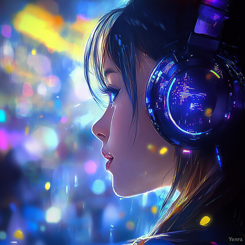 A woman wearing headphones gazes off into the distance, surrounded by neon lights and a cityscape at night.