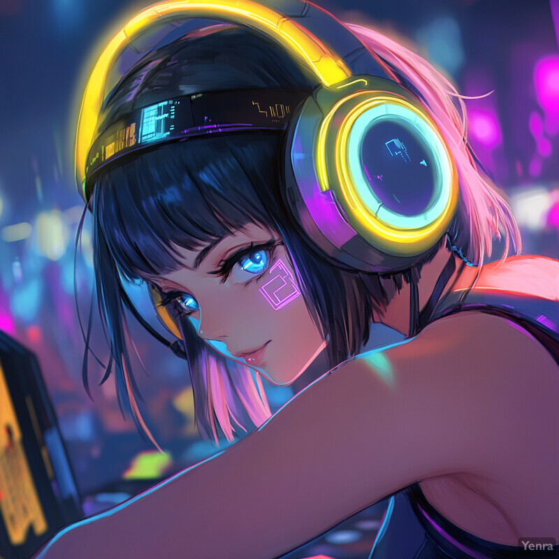 A young woman wearing large headphones and glowing clothing enjoys music at a nightclub