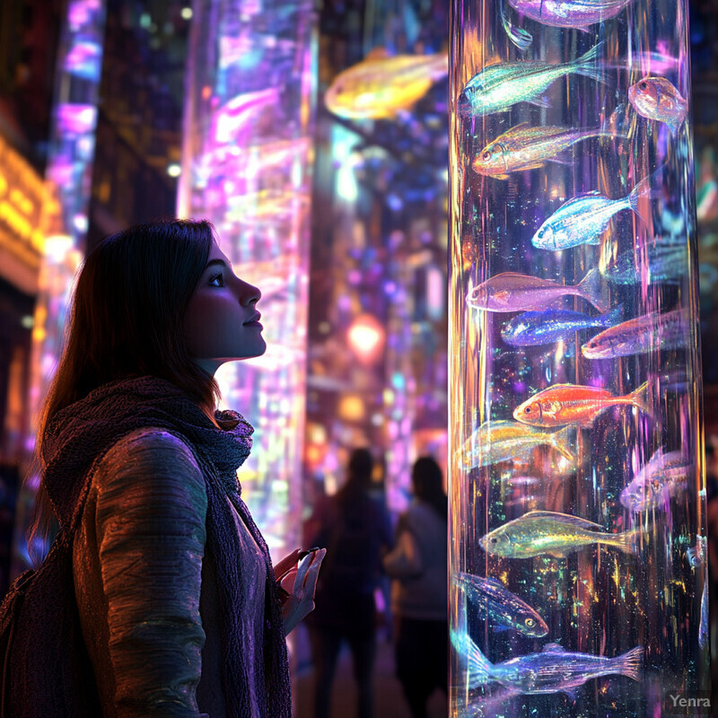 A young woman looks at an aquarium with small fish