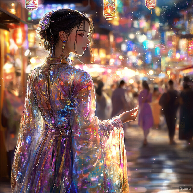 An Asian woman in a holographic dress stands amidst a bustling marketplace or shopping district.