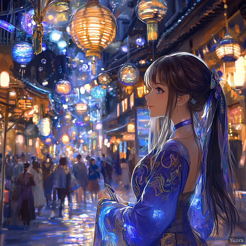 A woman in traditional Chinese attire stands on a lantern-adorned street, surrounded by a bustling urban environment.