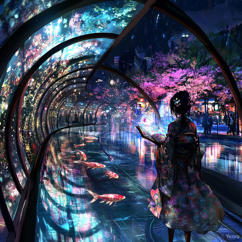 A woman stands in a futuristic tunnel filled with holographic displays