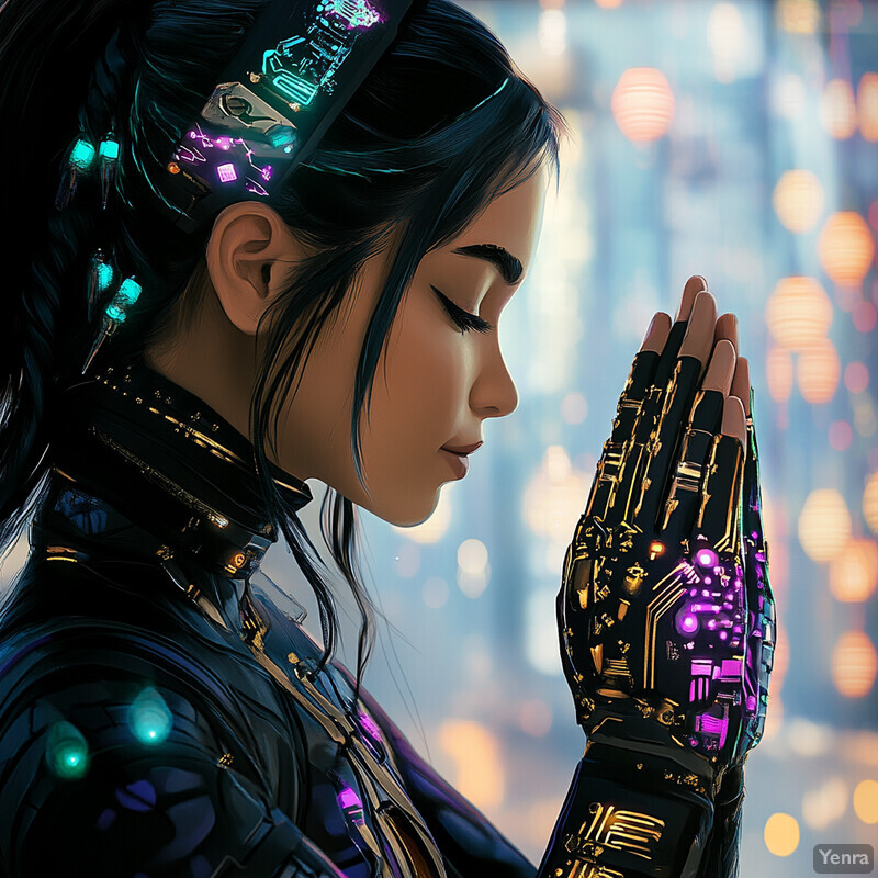 A woman with black hair and futuristic attire gazing down at her glowing purple-lit hand in an urban setting.