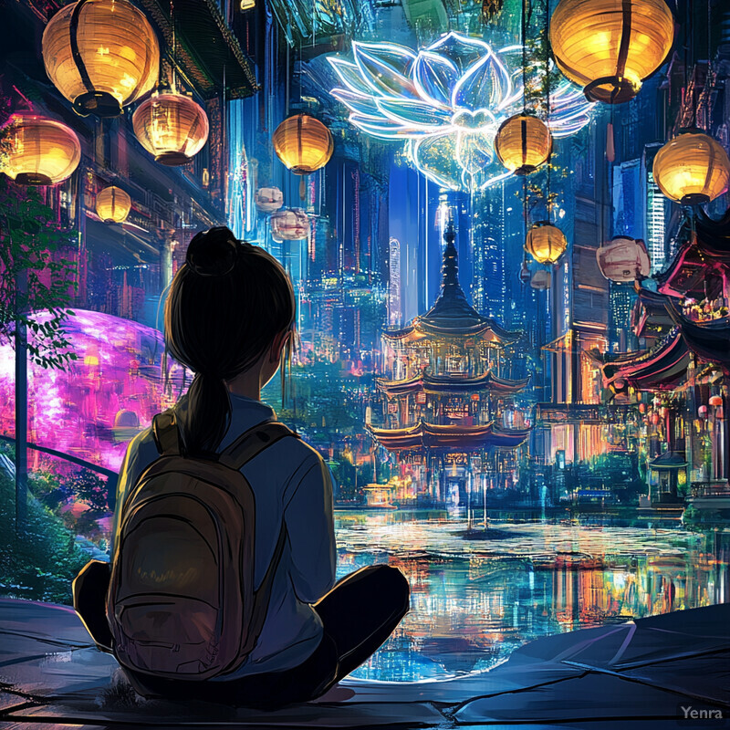 A young girl sits on the ground, gazing at a stunning cityscape.