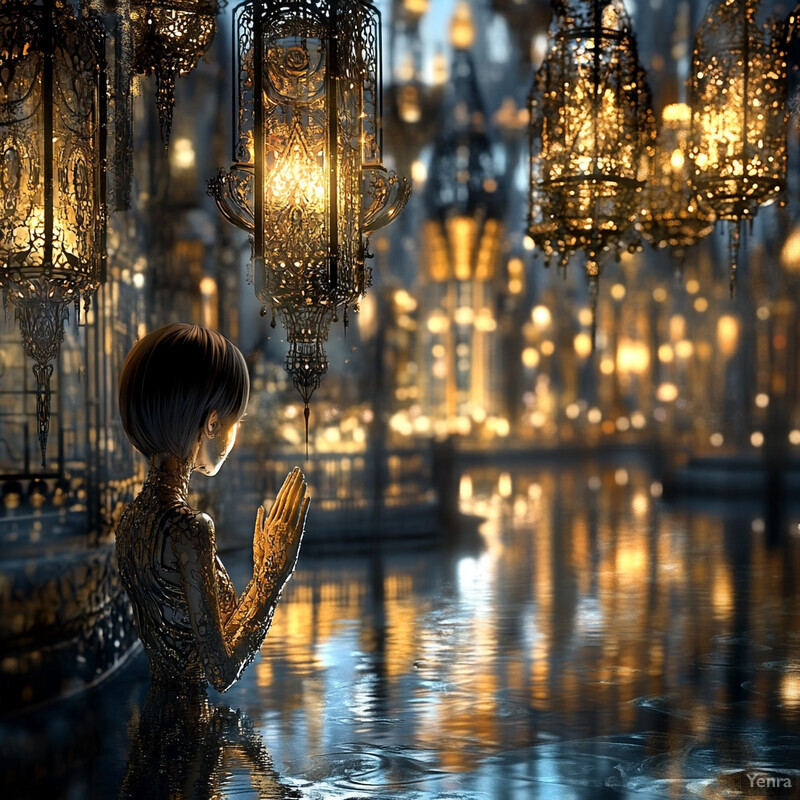 A young girl stands in shallow water surrounded by ornate chandeliers.