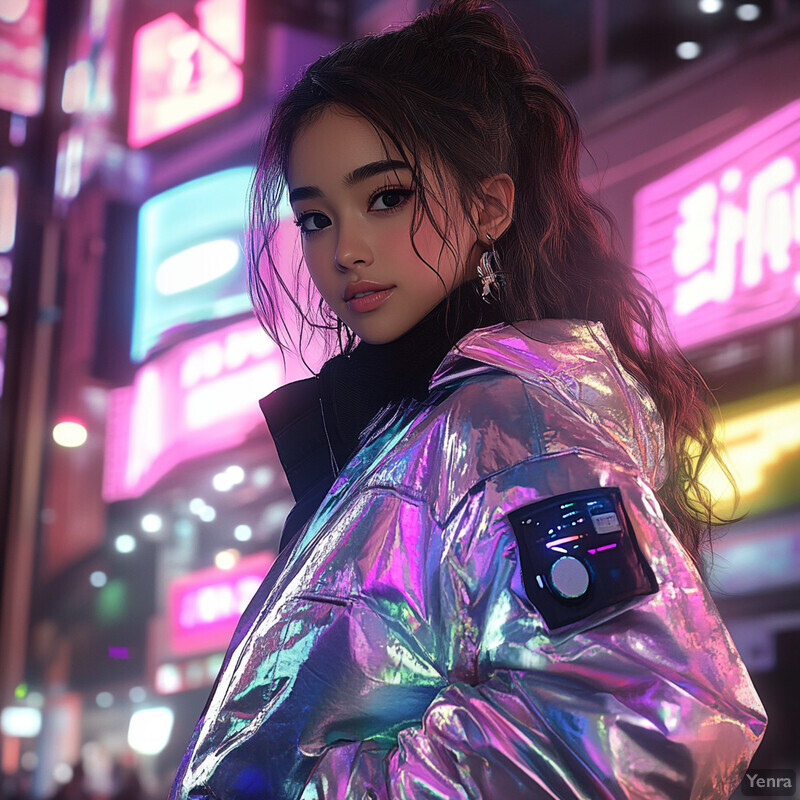 A young woman with long dark hair and a shiny metallic jacket poses for a nighttime photograph in an urban setting.