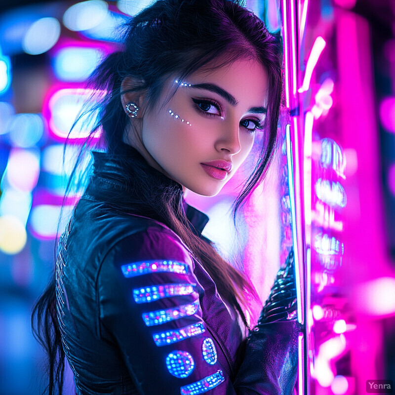 A woman with long dark hair and fair skin poses for a photo in front of neon lights