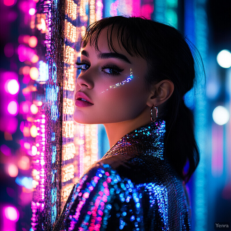 A woman poses in front of a vibrant display of neon lights, showcasing her sequined top and confident demeanor.