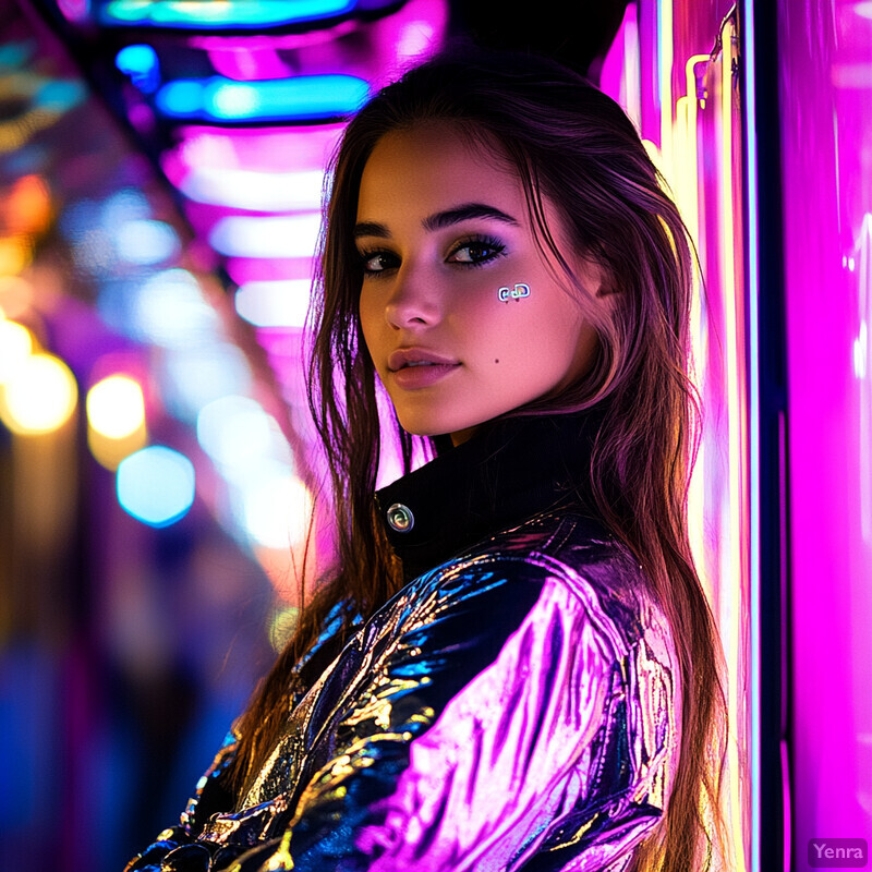 A young woman poses for a photo, wearing a metallic jacket and sporting symbols on her cheeks, set against a blurred city street backdrop at night.