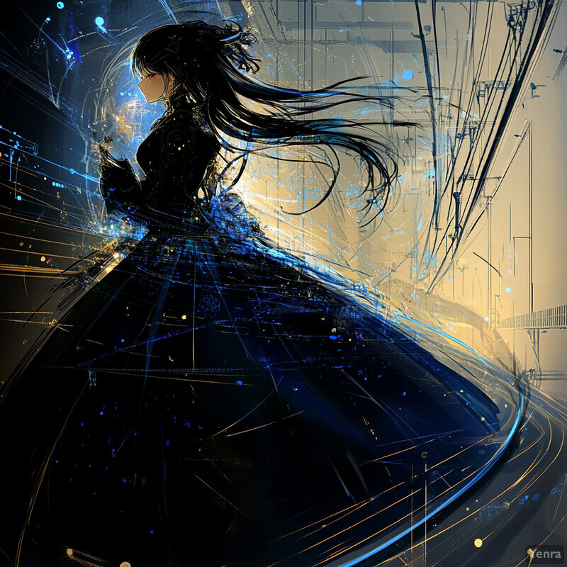 A woman with long black hair stands in front of an abstract blue and gold background