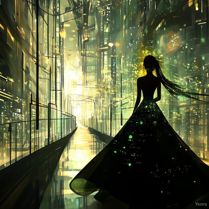 A woman in a sparkly green dress stands in front of a cityscape at night.