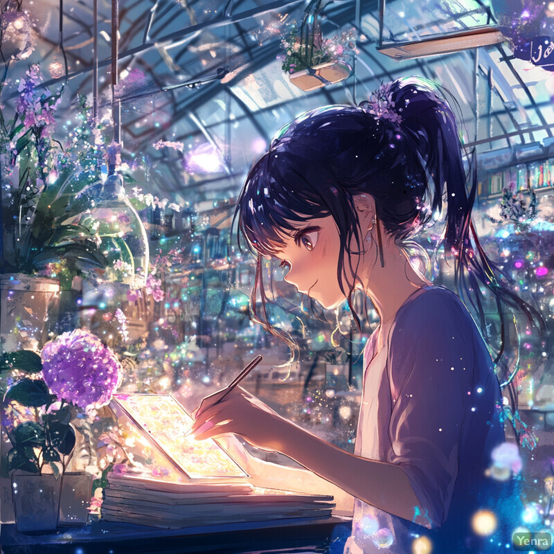 A young woman with long dark hair sits at a desk surrounded by books and flowers, writing or drawing on a piece of paper in a cozy indoor space.