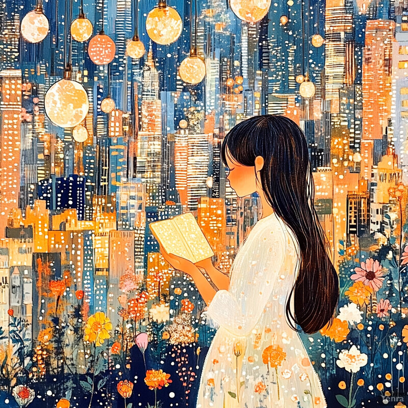 A woman stands in front of a city skyline at night, surrounded by flowers and holding an illuminated book.