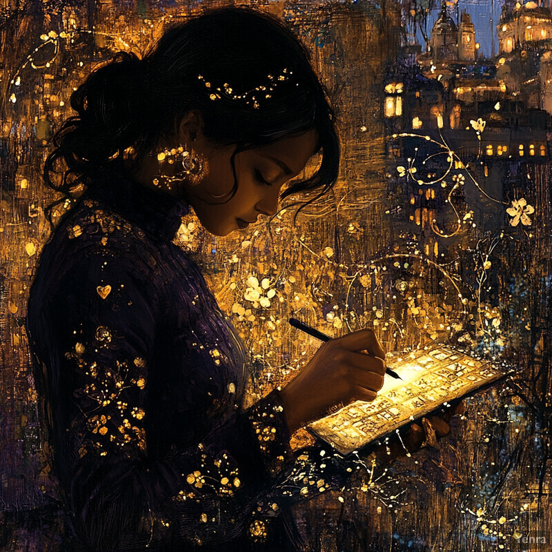 A woman writes in a book against a cityscape at night