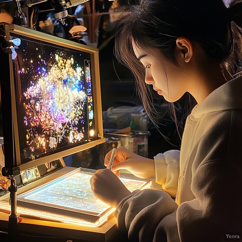 A young woman is engaged in an artistic activity, likely painting or drawing, with a focus on creating intricate designs.