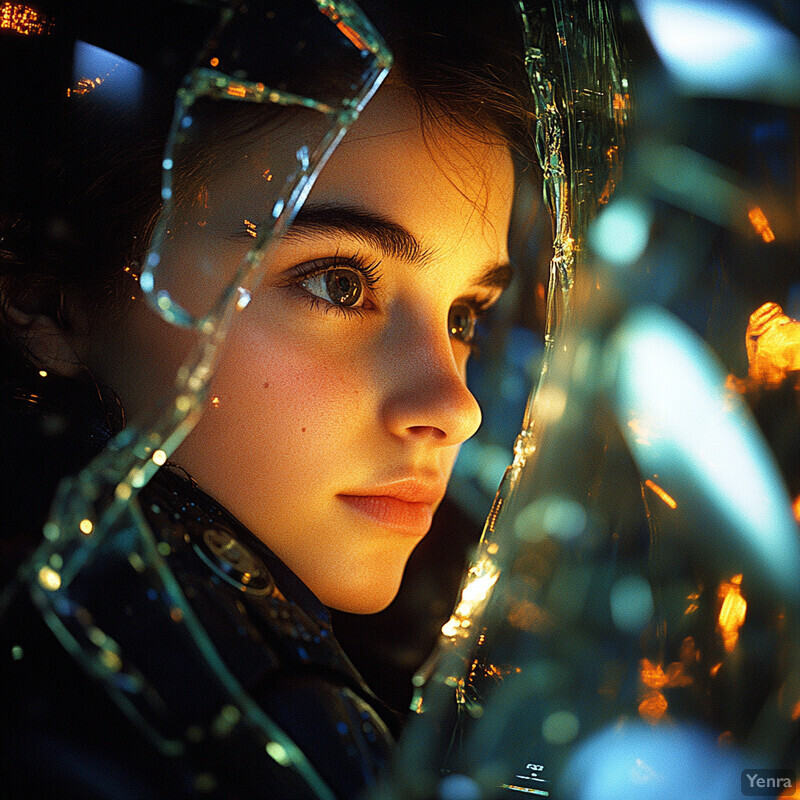 A young girl looks intently to her right through a shattered pane of glass.