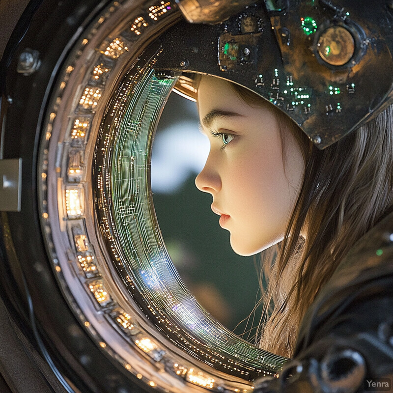 A young girl in a futuristic helmet stands in front of a large circular object