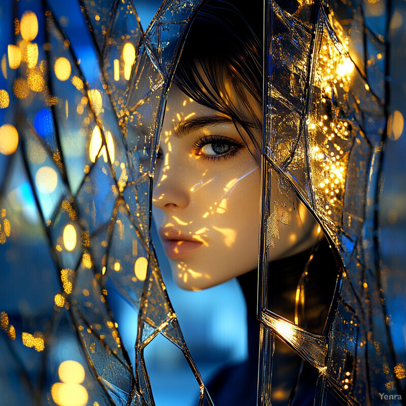 A woman's face partially obscured by a shattered glass windowpane