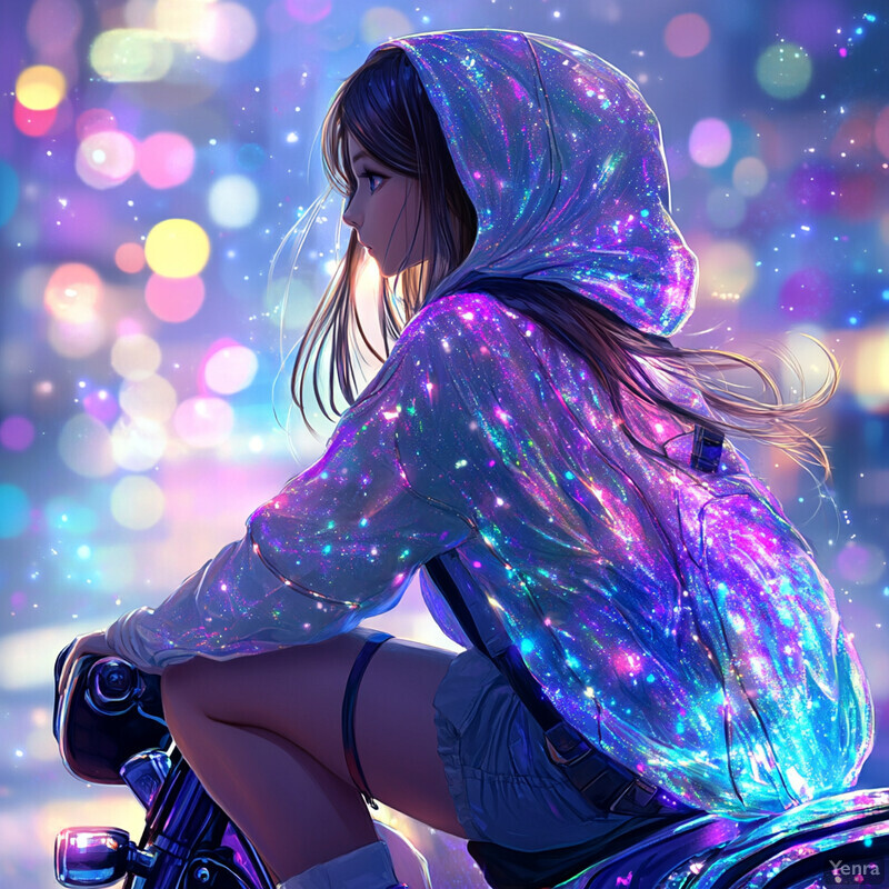 A young girl sits on a motorcycle, wearing a galaxy-printed hooded jacket, looking out at something outside the frame.