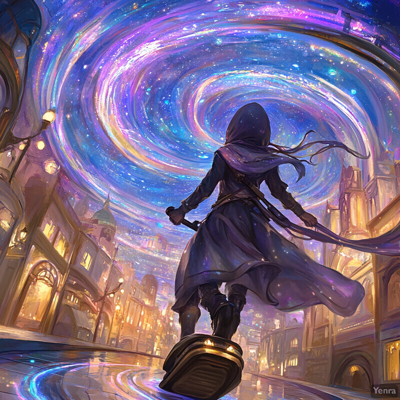 A fantastical scene of a person with supernatural powers standing in a city street surrounded by buildings and a swirling vortex of colors above their head.