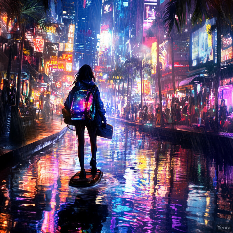 A woman stands in the rain on a city street at night, looking away from the viewer.